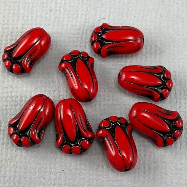 Cherry Red Czech glass tulip flower beads, puffy flowers, black wash, lily beads - 12mm x 8mm - 12 pcs - FB1247-b271