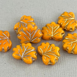 Orange Czech glass maple leaf beads, pressed beads, metallic silver or gold wash - 13mm x 11mm - 10 or 20 pcs - FB1210-b298