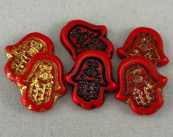 Red Czech glass hamsa beads, Hand of Fatima, Healing Hand, gold, black, bronze wash - 15mm x 14mm - 4 pcs - MG181-b288