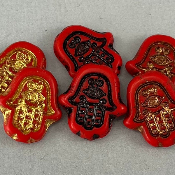 Red Czech glass hamsa beads, Hand of Fatima, Healing Hand, gold, black, bronze wash - 15mm x 14mm - 4 pcs - MG181-b288