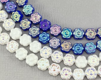 Tiny White and Blue hibiscus beads, Czech glass flower, aurora borealis finish, cherry blossom - 7mm x 6mm - 24 or 48 pcs - FB2100-b484
