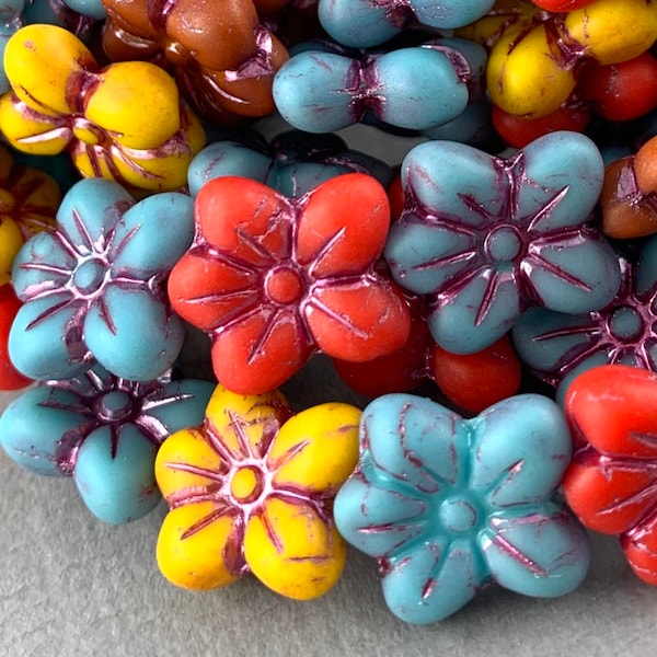 Mix, red, yellow, Blue Czech glass flower beads, puffy 5 petal pansy, pink metallic wash, matte finish - 14mm x 12mm - 15pcs - FB537-b56