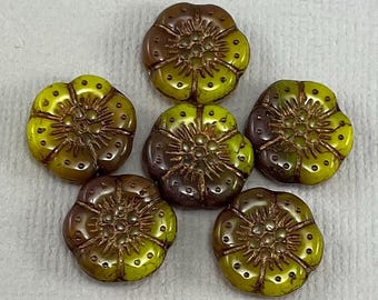 Yellow & Purple Brown Czech glass wild daisy flower beads, bronze wash detail, rustic beads - 13mm - 6 pcs - FB1821-b056