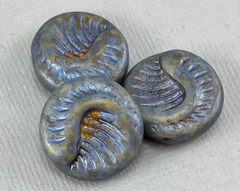 Stone Blue Fossil Czech coin beads, metallic blue wash detail, caramel picasso, focal beads - 19mm - 2 or 4 pcs - AB716-b317
