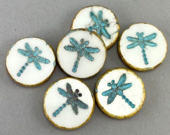 Dragonfly Coin beads, Rustic, aqua blue wash, caramel picasso, white Czech glass, insect nature beads, table cut - 17mm - 4 pcs - AB554-b155