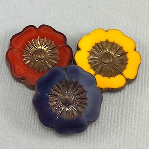 Large hibiscus, Ripe Yellow, Opal Purple, Terracotta Czech glass flower beads, bronze wash starburst - 22mm - 1 or 2 pcs - FB1806-b312