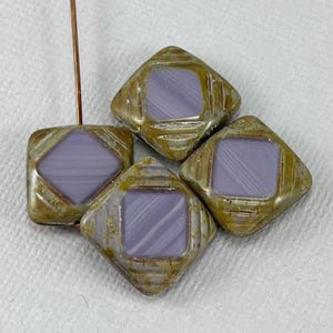 Lavender Purple square in a square beads, Czech glass, table cut, caramel picasso, window glass - 15 mm - 4 pcs - GEO364-b274