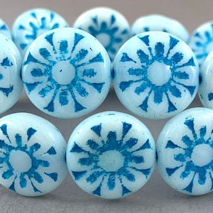 White Czech glass mandala flower coin beads, daisy design, aqua blue detail, opaque - 18mm - 4 pcs - FB296-b065