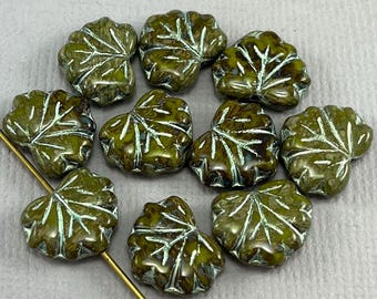 Avocado Green Czech glass maple leaf beads, brown picasso, green wash - 13mm x 11mm - 10 or 20 pcs - FB1232-b422