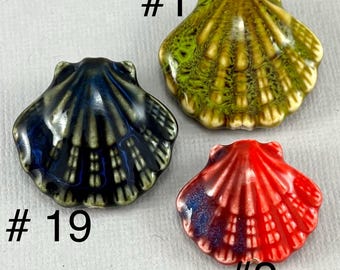 NEW Colors! Large Ceramic Shell bead, Seashell, Blue, Green, center drilled, focal, clam, beach, ocean - 1 pc - 22mm to 30mm - MG056