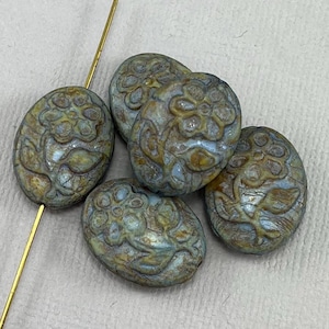 Large, Periwinkle Blue Czech glass cameo flower focal beads, rustic picasso, matte daisy, oval - 21mm x 16mm - 2 or 4 pcs - FB1811-b158