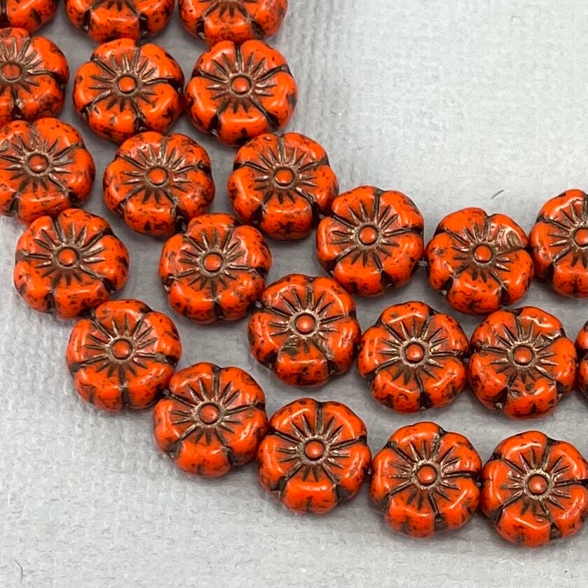 Pumpkin Orange Czech Glass Flower Beads, Bronze Wash