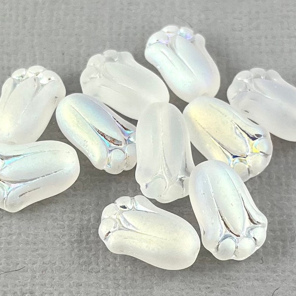 Transparent Frosted White Czech glass tulip beads, puffy flowers, Rainbow aurora borealis, matte - 12mm x 8mm - 12pcs - FB2083-b288