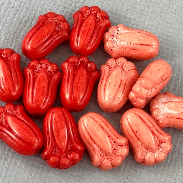 Coral Czech glass tulip flower beads, puffy flowers, lily beads, orange coral - 12mm x 8mm - 12, 24 or 48pcs - FB2015-b253