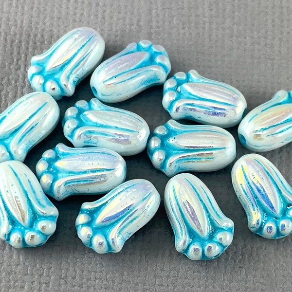 White Aurora Borealis flower tulip beads, Czech glass, puffy flowers, aqua blue wash, lily beads - 12mm x 8mm - 12pcs - FB1355-b209