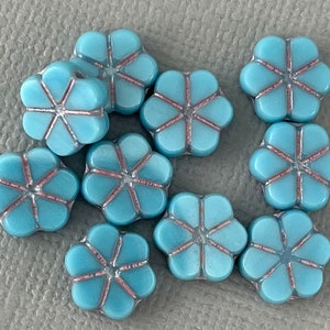 Sky Blue Forget-me-not Czech glass flower beads, metallic pink finish, daisy, table cut - 10mm - 12 pcs - FB1334-b144