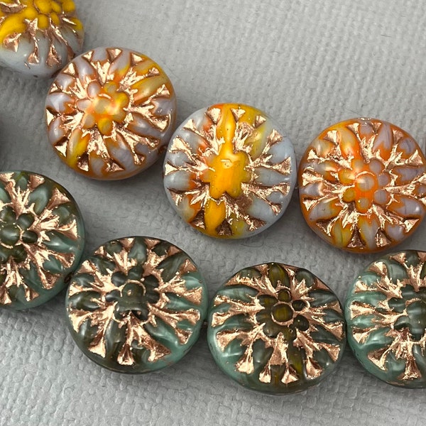 Variegated Green or Orange dahlia Czech glass flower beads, metallic rose gold wash, aster, daisy, sunflower - 14mm - 6 pcs - FB1355-b288