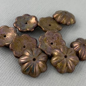 Metallic Bronze Czech glass wide bell flower beads, purple glass, gold luster finish, 6 petal - 10 pcs - 14mm x 4mm - FB1184-b082