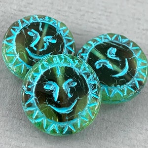Czech glass pressed Smiley Sun coin beads, aqua blue wash, Blue, Aqua, Yellow, White, Lilac - 17mm - 2pcs - MG872-b033