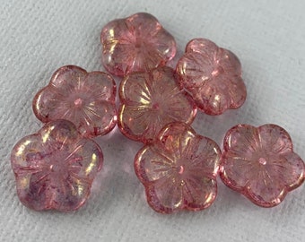 Transparent Clear Czech glass flower beads, Dark Magenta picasso, cherry blossom, forget me not, center hole - 14mm - 10 pcs - FB1157-b031