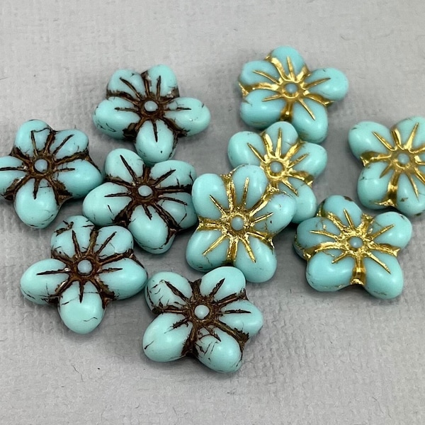 Pale Blue Czech glass flower beads, puffy flowers, 5 petal pansy, bronze, gold wash, baby blue - 14mm x 12mm - 10pcs - FB527-b342