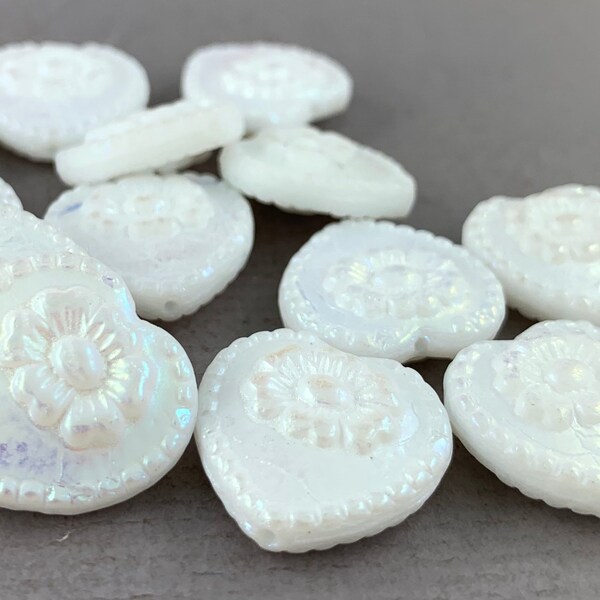 Mix, opaque White pressed Czech glass heart beads, aurora borealis finish, puffy heart, flower, daisy - 18mm - 4 or 8 pcs - MG825-b89