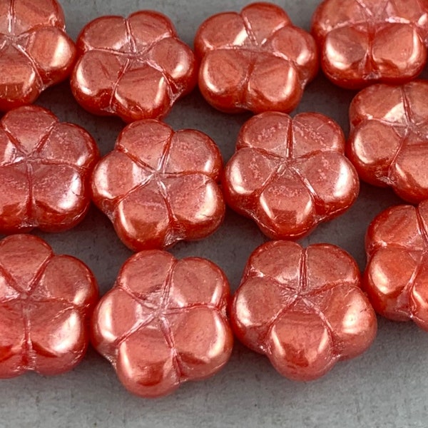 Candy Red Czech glass flower beads with luster finish, puffy flower beads - 13mm - 6 pcs - FB365-b268