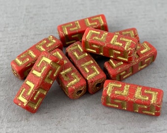 Matte Red Celtic Czech glass pressed rectangle beads, metallic gold wash, stick tube - 15mm x 5mm - 10 or 20pcs - GEO327-b277
