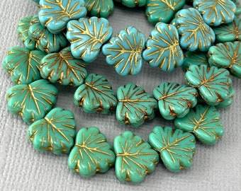 Sky Blue Czech glass maple leaf beads, gold wash, fall beads, pressed beads, turquoise - 13mm x 11mm - 15 pcs - FB916-b239