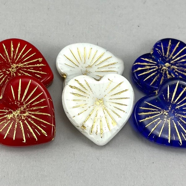 Cobalt Blue, White or Red Czech glass pressed heart beads, gold starburst, transparent, opaque - 22mm - 2pcs - MG1027-b142