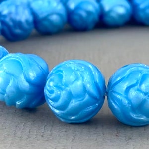 Bright blue pressed Czech glass rose beads, round, sky blue - 13mm - 6 pcs - FB367-b034