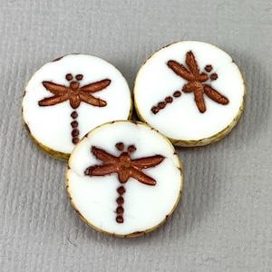 Dragonfly Coin beads, Rustic, old copper wash, caramel picasso, white Czech glass, insect nature, table cut - 17mm - 4 or 8 pcs - AB554-b432