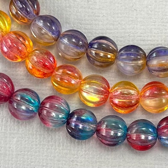 Transparent Orange, Blue, Red, Purple Melon Beads, Fluted Pressed