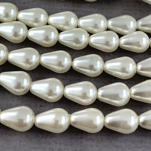 White Czech glass teardrop pearl beads, pear shaped, pendents, bridal, wedding jewelry - 12 or 24 pcs - 8mm x 6mm - MG703-b125