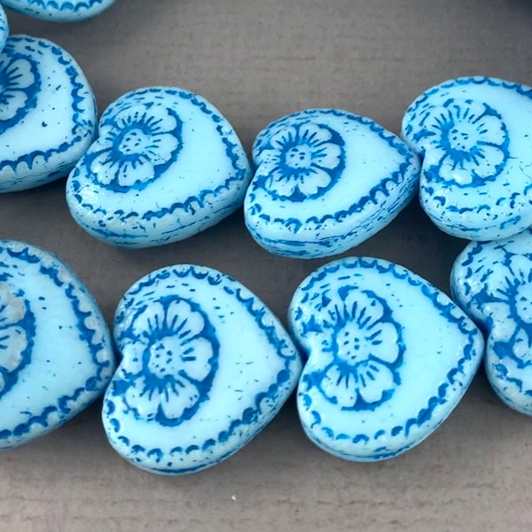 Baby Blue pressed Czech glass heart beads, dark aqua blue wash detail, puffy heart, flower, daisy - 18mm - 4pcs - MG755-b043