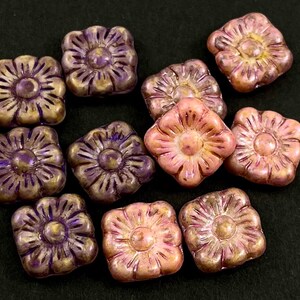 Square Flower beads, Czech glass, daisy, rustic pink or purple with caramel picasso- 11mm - 12pcs - FB1447-b042