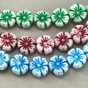 White Czech glass hibiscus flower beads, dark red, green or blue wash finish, daisy, cherry blossom - 8mm x 9mm - 12 pcs - FB1307-b046