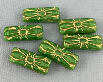 Spring Green, pressed Czech glass flower rectangle beads with gold detail - 20mm x 8mm - 6 pcs - FB134-b163