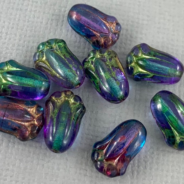 Transparent Rainbow Blue Purple Czech glass tulip flower beads, puffy flowers - 12mm x 8mm - 12pcs - FB2091-b216