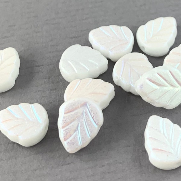 Mix, White Czech glass birch leaf beads, matte or gloss aurora borealis finish, beads for jewelry, opaque - 10mm x 8mm - 25 pcs - FB952-b154