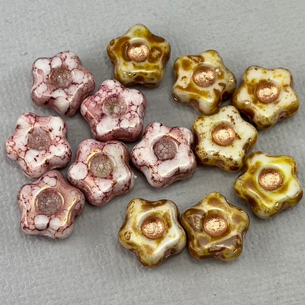 White Czech glass flower beads, pressed starflower, star flower, Pink or Caramel picasso finish - 11mm - 12pcs - FB1620-b282