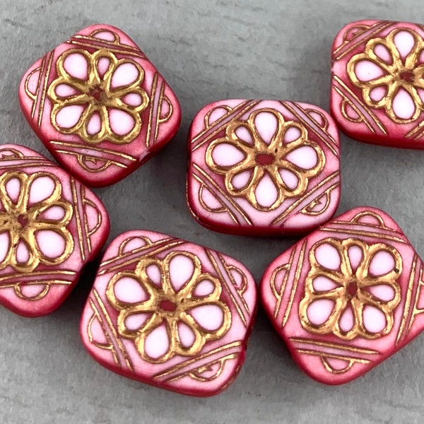 Moroccan etched acrylic rectangle beads, pink and gold, vintage style, flower detail, ornate- 12mm x 11mm - 12pc - GEO280-b058