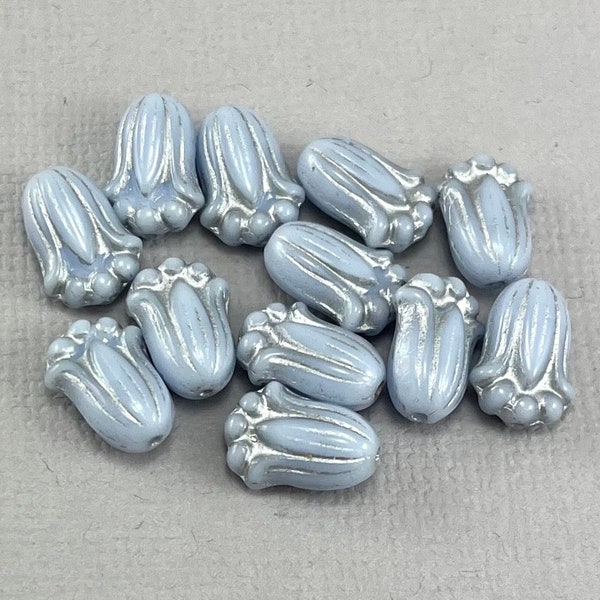 Pale Periwinkle Blue Czech glass tulip flower beads, puffy flowers, metallic silver wash, lily - 12mm x 8mm - 12 or 24pcs - FB1532-b192