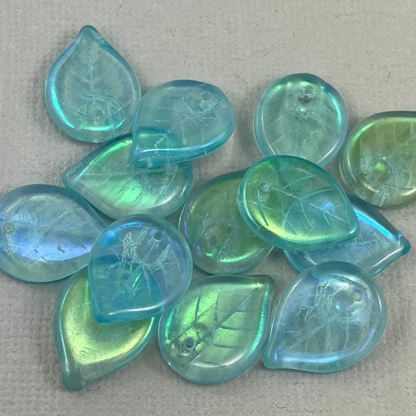 Transparent Aqua Blue, matte aurora borealis Czech glass apple leaf beads, pressed, iridescent - 18mm x 13mm - 12 pcs - FB1458-b032