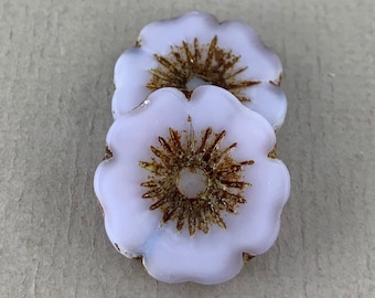 Large, Lilac Purple Czech glass table cut flower beads, silky opaline, brown picasso starburst, hibiscus - 22mm - 1 or 2 pcs - FB373-b102