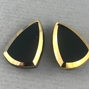 Vintage, Gold jet black shield glass drop pendant set, top drilled, pear shaped, gold beveled edge - 20mm x 14mm - 2 pcs - MG538