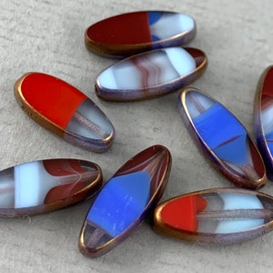 Variegated Ice Blue, Red, Periwinkle Czech glass table cut spindle shaped beads, matalic bronze edge - 18mm x 7mm - 10pcs - GEO320-b077