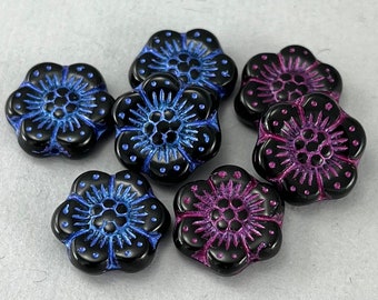 Black Czech glass wild rose flower beads, orchid pink or royal blue wash - 14mm - 6 or 12 pcs - FB1279-b005