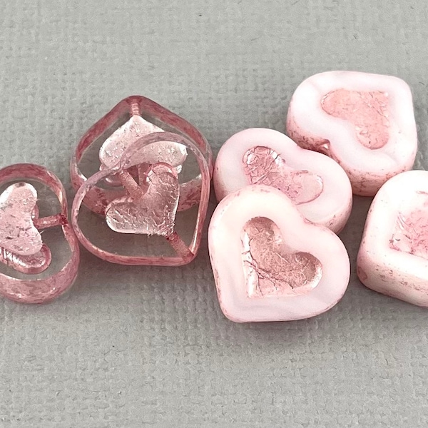 Milky White or Crystal Clear pressed, table cut Czech glass heart beads, glossy pink wash - 6 or 12 pcs - 12mm x 14mm - MG162-b294 (b123)