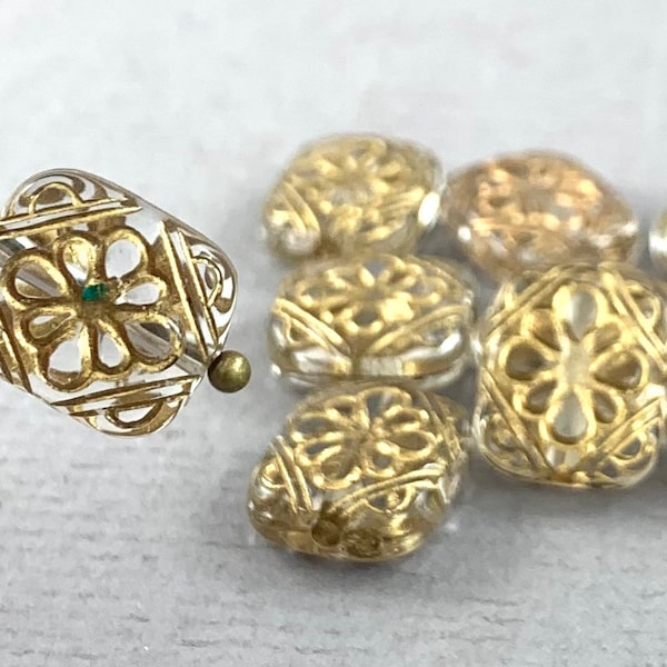 Etched rectangle beads, Transparent Clear and Gold, plastic, vintage style, flower detail ornate acrylic - 12mm x 11mm - 12pc - GEO286-b071